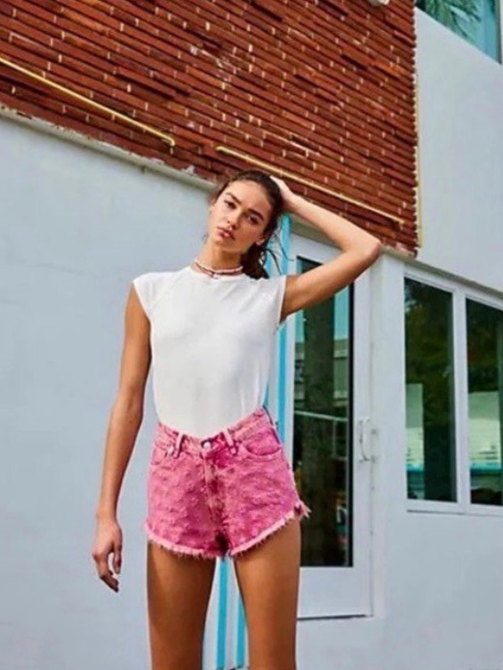 Free People We The Free Mixed Emotions High Rise Pink Dragonfruit Denim Shorts